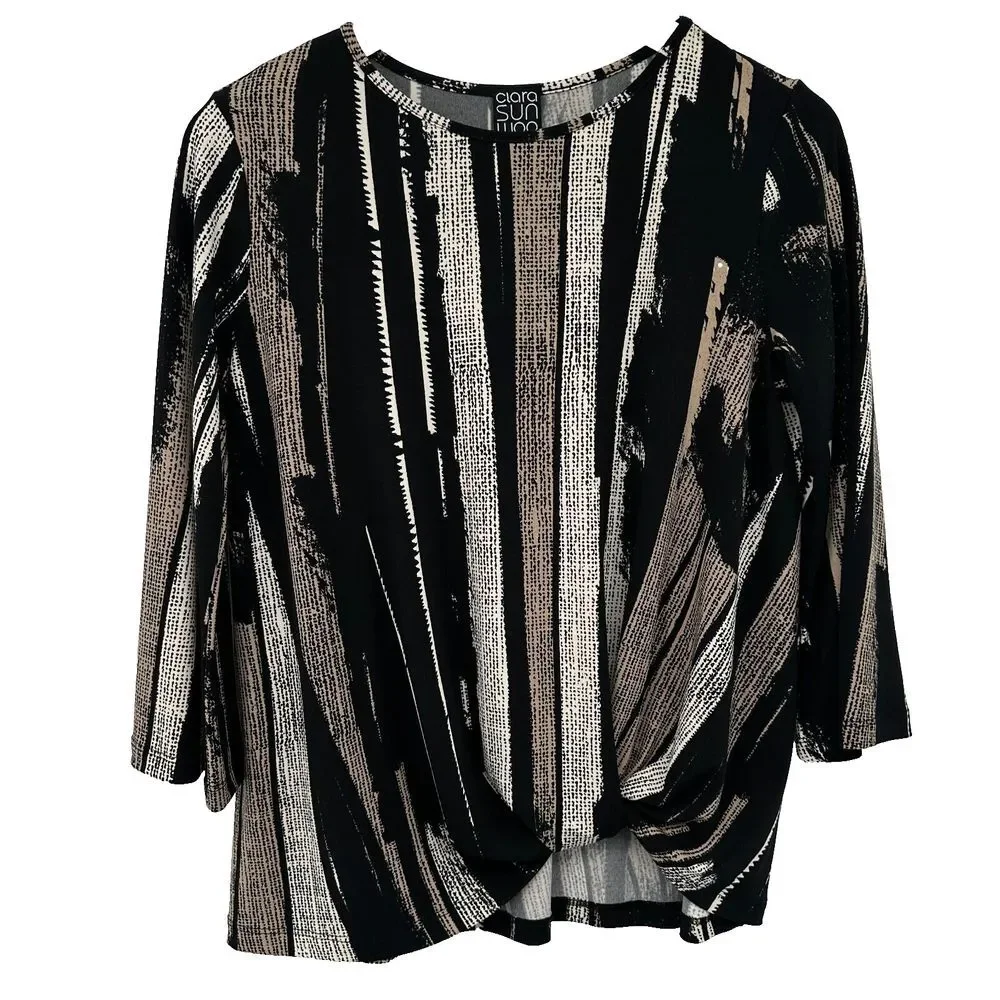 Clara Sun Woo Top Shirt Size XS Stretch Knit 3/4 Flare Sleeve Black Beige Blouse